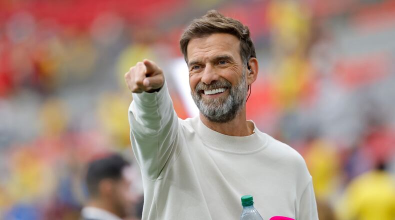 Former Liverpool Juergen Klopp gestures during the World Cup round of 16 soccer match between Switzerland and Colombia in Vancouver, British Columbia, Tuesday, July 7, 2026. (Peter Klaunzer/Keystone via AP)