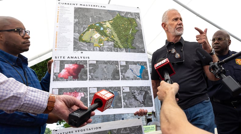 Bob Hughes, principal and founding partner of HGOR, speaks at a media tour of the site for the proposed Atlanta Public Safety Training Center on Friday, May 26, 2023. HGOR is the master planner of the site. (Arvin Temkar / arvin.temkar@ajc.com)