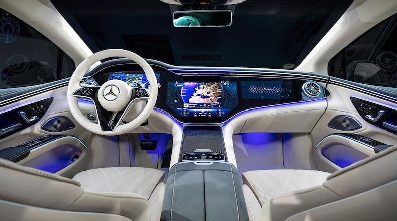 The European model of the 2025 Mercedes-Benz EQS sedan brings color into the cabin with ambient lighting. (Courtesy of Mercedes-Benz)
