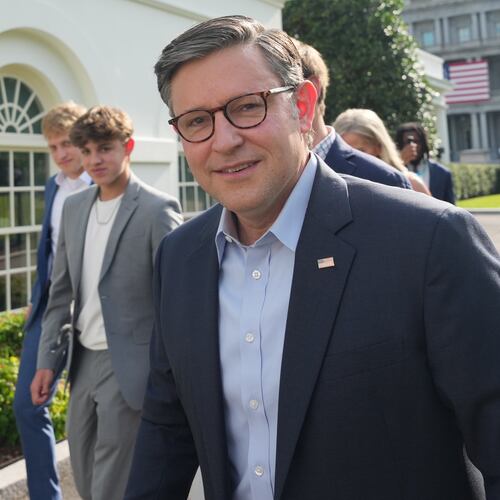 House Speaker Mike Johnson of La., arrives at the White House ahead of the UFC Freedom 250 on the South Lawn, Sunday, June 14, 2026, in Washington. (AP Photo/Alex Brandon)