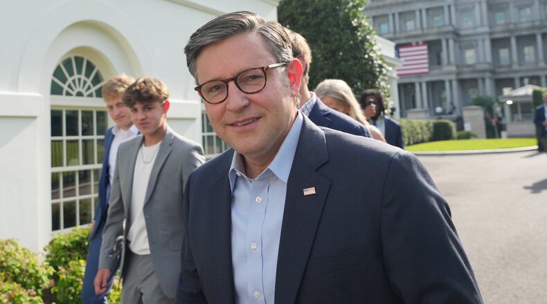 House Speaker Mike Johnson of La., arrives at the White House ahead of the UFC Freedom 250 on the South Lawn, Sunday, June 14, 2026, in Washington. (AP Photo/Alex Brandon)