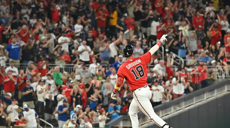 Braves' third baseman Vaughn Grissom (18) celebrates after hitting a two-run home run in the 4th inning against Miami Marlins at Truist Park on Friday, September 2, 2022. (Hyosub Shin / Hyosub.Shin@ajc.com)