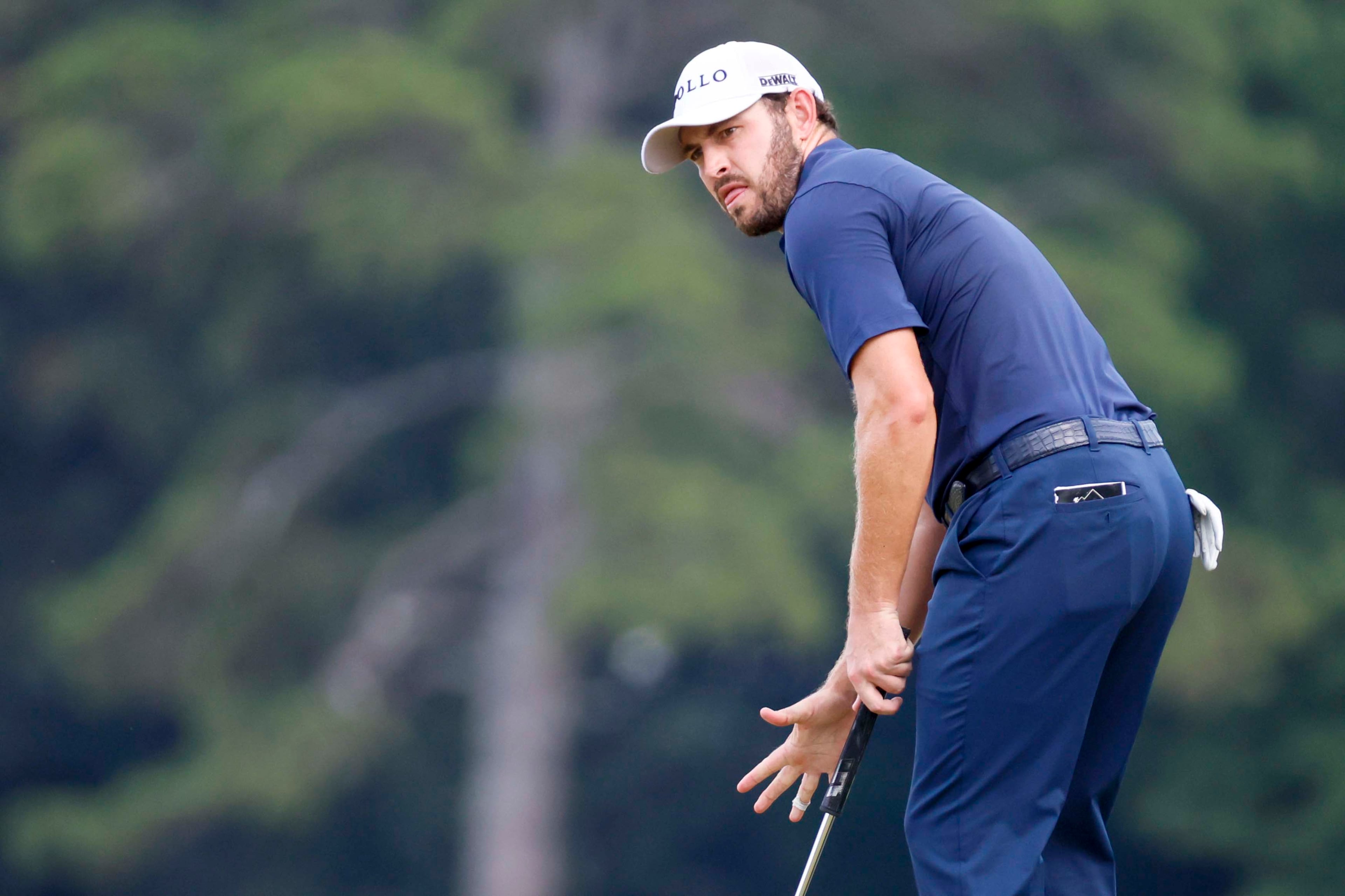 Patrick Cantlay watches his putt at the 15th hole during the final round of the PGA Tour Championship at East Lake Golf Club on Sunday, Aug. 24, 2025, in Atlanta. (Miguel Martinez/ AJC)