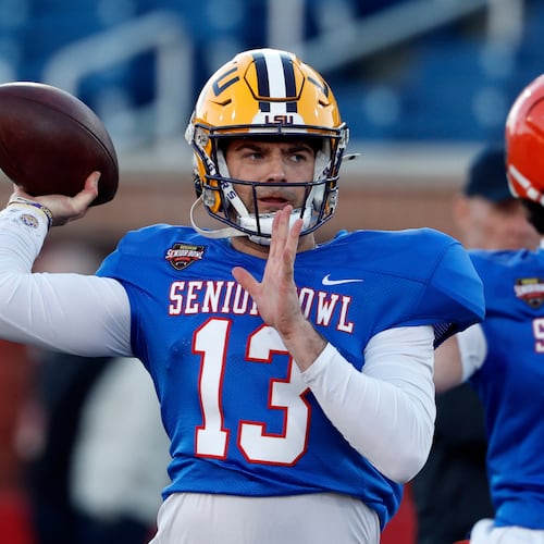 American team quarterback Garrett Nussmeier participates in practice for the Senior Bowl on Wednesday, Jan. 28, 2026, in Mobile, Ala. “I’m just trying to be myself,” Nussmeier says. “Trying to go out there and show that Garrett Nussmeier is enough.” (Butch Dill/AP)