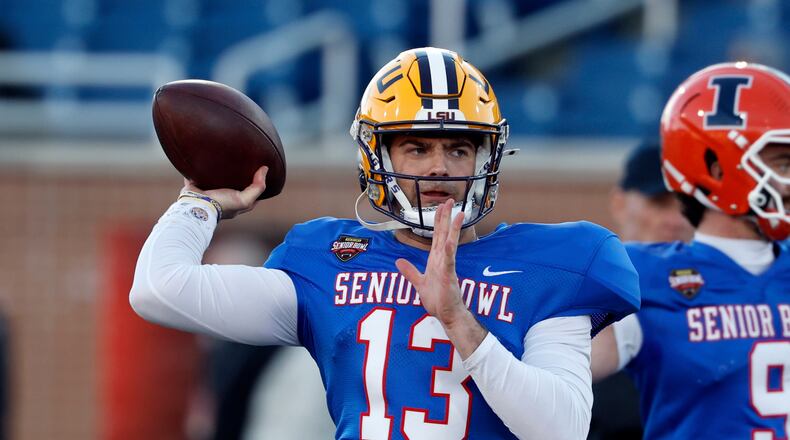 American team quarterback Garrett Nussmeier participates in practice for the Senior Bowl on Wednesday, Jan. 28, 2026, in Mobile, Ala. “I’m just trying to be myself,” Nussmeier says. “Trying to go out there and show that Garrett Nussmeier is enough.” (Butch Dill/AP)