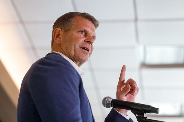 CEO and President Mike Simonds speaks at the opening of the new TriNet office in Dunwoody on Aug. 18, 2026. It is one of the largest office announcements of the last few years and is an anchor for High Street. (Arvin Temkar/AJC)