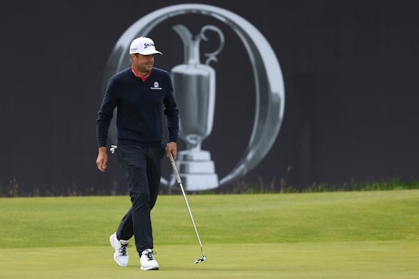 Keegan Bradley of the United States walks on the 12th green after putting during a practice round for the British Open golf championship at the Royal Portrush Golf Club, Northern Ireland, Tuesday, July 15, 2025. (AP Photo/Peter Morrison)