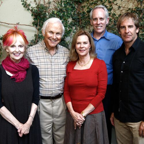 FILE - Shelley Fabares, left, poses for a group photo with other Screen Actors Guild Awards committee members, from left, Paul Napier, Chairwoman JoBeth Williams, Vice Chair Daryl Anderson and Scott Bakula during a tasting of the proposed menu and alternatives for the SAG Awards by Lucques Catering, Sept. 29. 2009, in Los Angeles. (AP Photo/Matt Sayles, File)