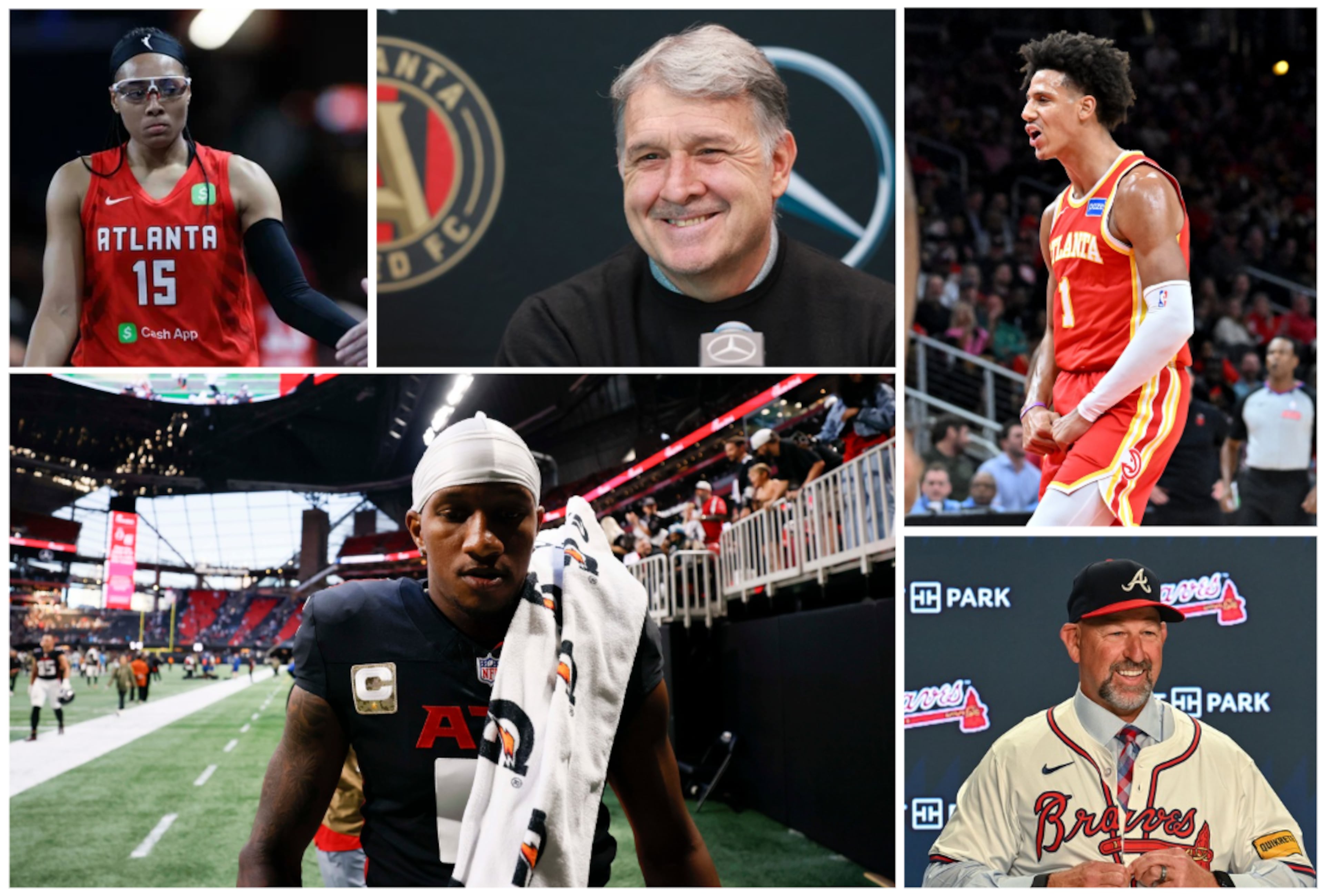 Clockwise, from top left: Atlanta Dream star Allisha Gray, current and former Atlanta United manager Tata Martino, the Hawks' Jalen Johnson, new Braves manager Walt Weiss and Falcons quarterback Michael Penix Jr.