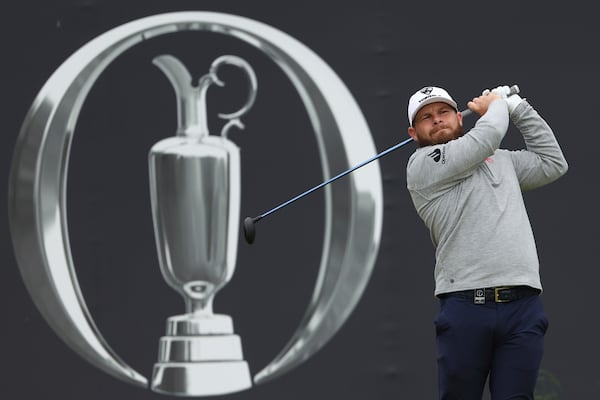 Tyrrell Hatton of England plays his tee shot on the 1st during the second round of the British Open golf championship at the Royal Portrush Golf Club, Northern Ireland, Friday, July 18, 2025. (AP Photo/Peter Morrison)