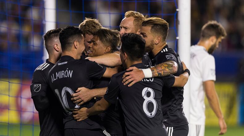 Atlanta United players celebrate Josef Martinez's during the first half of the game against the LA Galaxy on Saturday, April 21, 2018 in Carson, Calif.  (Atlanta United)