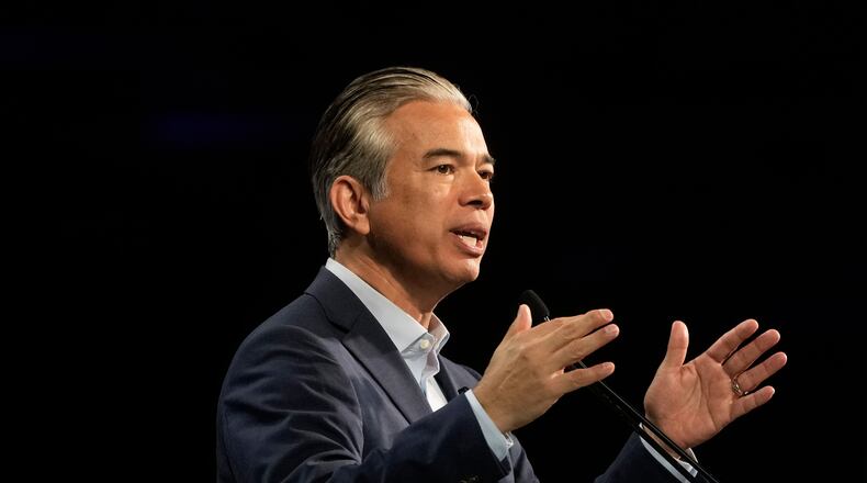 FILE - California Attorney General Rob Bonta speaks at the 2026 California Democratic Party State Convention, Feb. 21, 2026, in San Francisco. (AP Photo/Jeff Chiu, File)