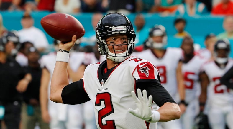 MIAMI GARDENS, FL - AUGUST 10:   Matt Ryan #2 of the Atlanta Falcons throws a first quarter touchdown pass against the Miami Dolphins during a preseason game at Hard Rock Stadium on August 10, 2017 in Miami Gardens, Florida. (Photo by Joe Skipper/Getty Images)