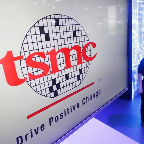 FILE - This photo shows the logo of TSMC (Taiwan Semiconductor Manufacturing Company) during the Taiwan Innotech Expo at the World Trade Center in Taipei, Taiwan, Oct. 14, 2022. (AP Photo/Chiang Ying-ying, File)