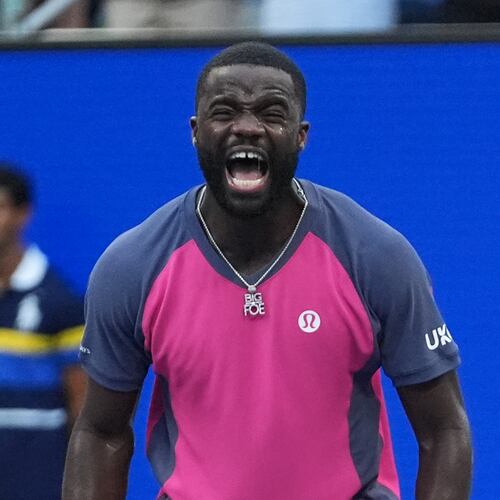 Frances Tiafoe, of the United States, celebrates winning a match against Daniil Medvedev, of Russia, during the fourth round of the U.S. Open tennis championships, Sunday, Sept. 6, 2026, in New York. (AP Photo/Frank Franklin II)