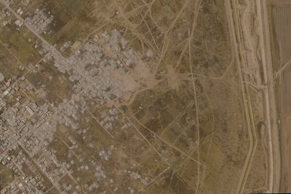 This satellite photo from Planet Labs PBC shows the town of Khuzaa, east of Khan Younis in the southern Gaza Strip in March, 2025. (Planet Labs PBC via AP)