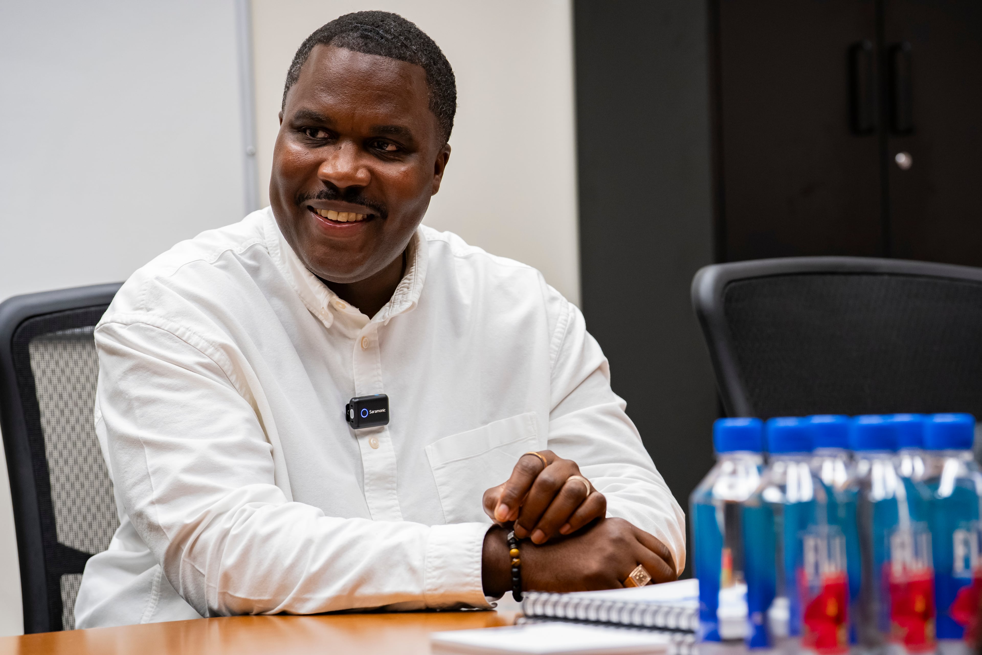 Greg Clay, board chairman of Skyview High School, smiles while sharing his personal story before moderating a program featuring rapper Jeffery Williams, known as Young Thug, Friday, Aug. 1, 2025, in College Park. The event was part of Young Thug’s court-mandated anti-gang outreach. (Olivia Bowdoin for the AJC)