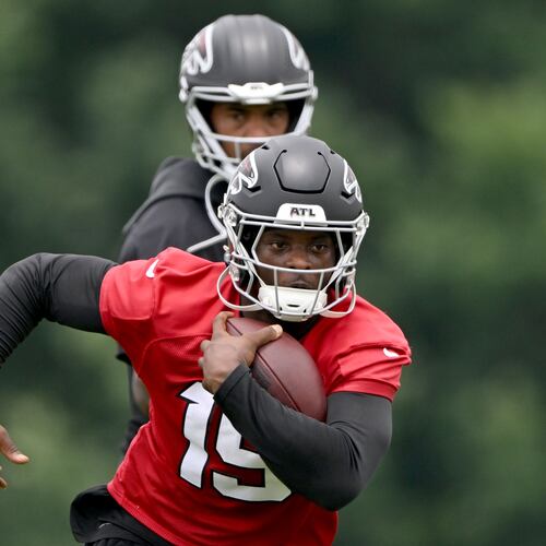 Falcons running back Brian Robinson Jr. runs a drill during an OTA workout at the Atlanta Falcons Training Facility on Wednesday, May 27, 2026, in Flowery Branch. (Hyosub Shin/AJC)