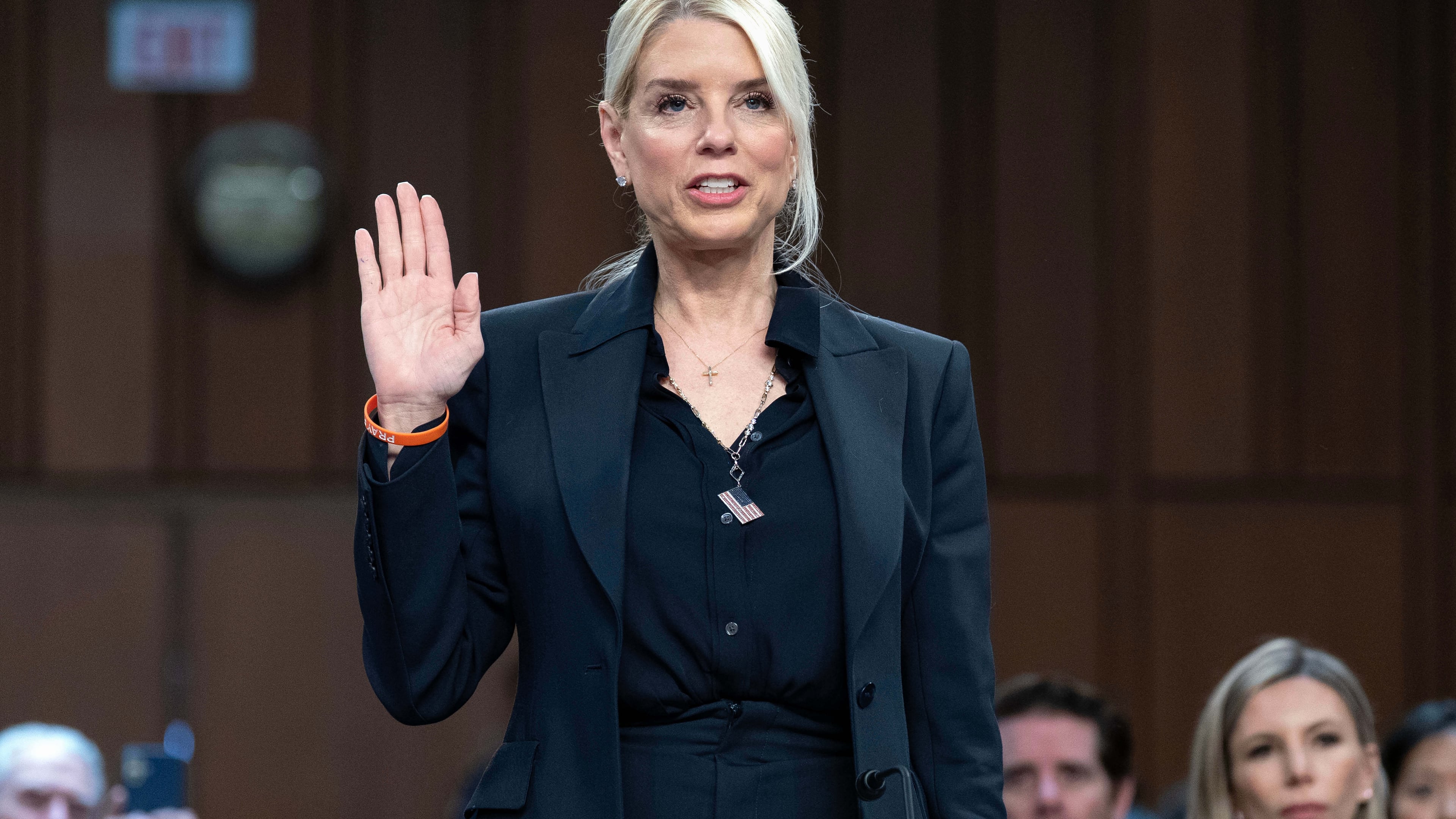 Attorney General Pam Bondi is sworn in before a Senate Judiciary Committee oversight hearing on Capitol Hill in Washington, Tuesday, Oct. 7, 2025. (AP Photo/Jose Luis Magana)