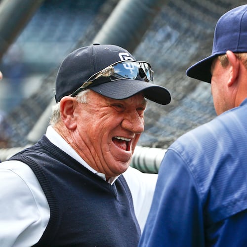 FILE - Former San Diego Padres pitcher Randy Jones, left, laughs while talking with manager Pat Murphy prior to a baseball against the Arizona Diamondbacks in San Diego on June 26, 2015. (AP Photo/Lenny Ignelzi, File)