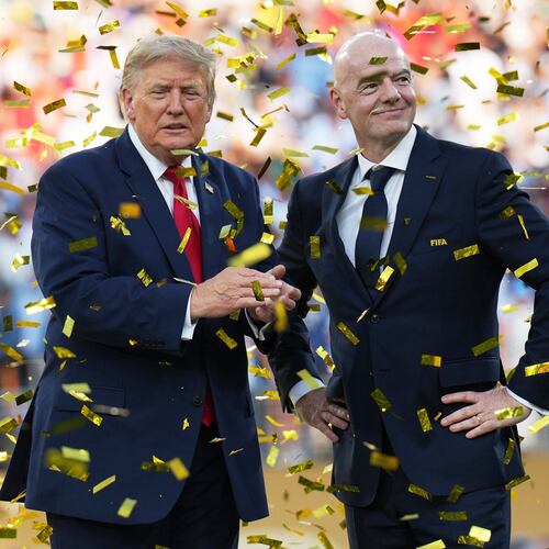 President Donald Trump, left, and FIFA President Gianni Infantino watch confetti fall at the conclusion of the World Cup championship final soccer match between Spain and Argentina in East Rutherford, N.J., Sunday, July 19, 2026. (AP Photo/Jacquelyn Martin)