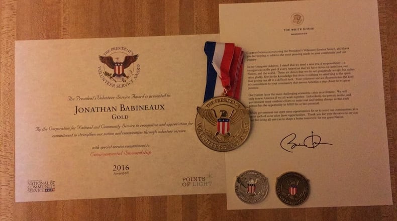 The awards Falcons defensive tackle Jonathan Babineaux received from President Barack O’Bama for his community service.