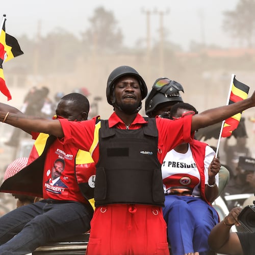 Uganda opposition presidential candidate Robert Kyagulanyi Ssentamu, who is known as Bobi Wine waves to supporters at an election campaign rally in Mukono, Uganda, Friday, Jan. 9, 2026. (AP Photo/Hajarah Nalwadda)