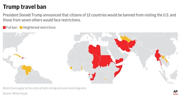 Countries named in President Donald Trump's travel ban. (AP Digital Embed)
