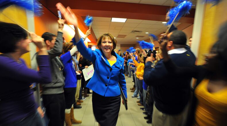 University president Bonita Jacobs was introduced during a pep rally to mark the beginning of the University of North Georgia. University of North Georgia is a merger of Gainesville State College and North Georgia College & State University. She will retire in June 2023. BRANT SANDERLIN / BSANDERLIN@AJC.COM