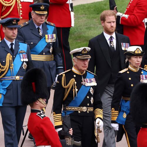 FILE - Britain's King Charles III, Princess Anne, Prince William and Prince Harry follow Queen Elizabeth II's coffin at St. George's Chapel at Windsor Castle, Windsor, England, on Sept. 19, 2022. (Henry Nicholls/Pool via AP, File)