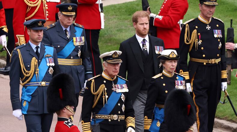 FILE - Britain's King Charles III, Princess Anne, Prince William and Prince Harry follow Queen Elizabeth II's coffin at St. George's Chapel at Windsor Castle, Windsor, England, on Sept. 19, 2022. (Henry Nicholls/Pool via AP, File)