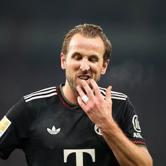 Bayern's Harry Kane reacts after the Bundesliga soccer match between Union Berlin and FC Bayern Munich in Berlin, Germany, Saturday, Nov. 8, 2025. (AP Photo/Martin Meissner)