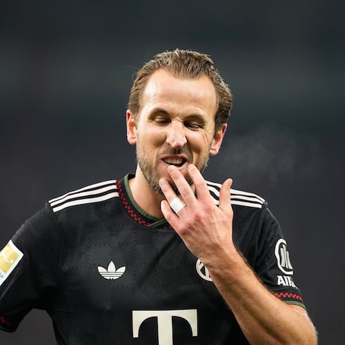 Bayern's Harry Kane reacts after the Bundesliga soccer match between Union Berlin and FC Bayern Munich in Berlin, Germany, Saturday, Nov. 8, 2025. (AP Photo/Martin Meissner)