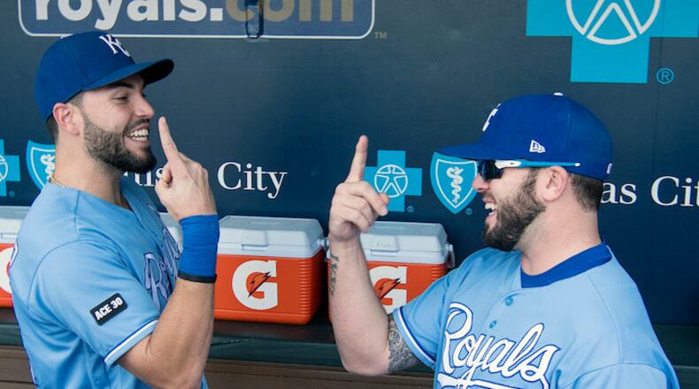 Eric Hosmer and Mike Moustakas (8) perform their pregame ritual before action against the Arizona Diamondbacks on October 1, 2017, at Kauffman Stadium in Kansas City, Mo. (John Sleezer/Kansas City Star/TNS)