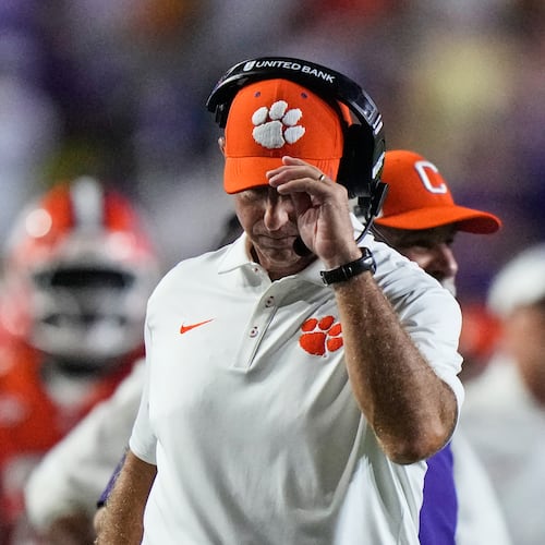 Clemson head coach Dabo Swinney reacts after an LSU touchdown in the second half of an NCAA college football game, Saturday, Sept. 5, 2026 in Baton Rouge, La. (AP Photo/Gerald Herbert)