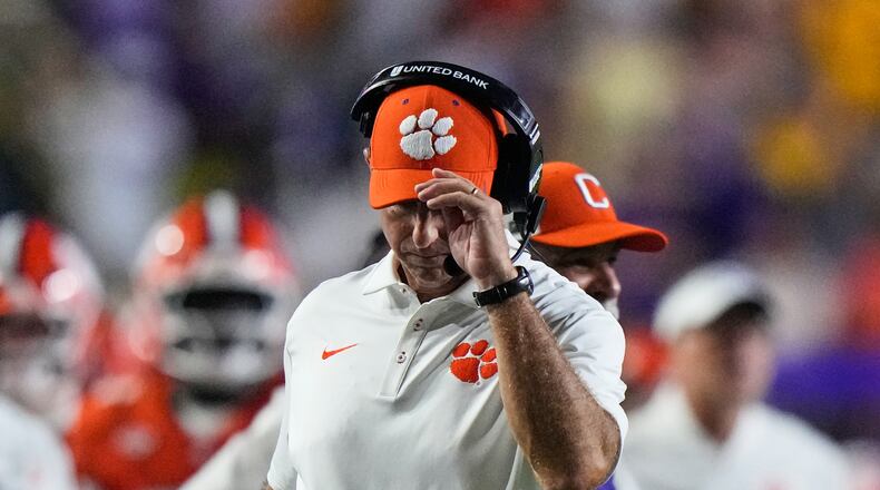 Clemson head coach Dabo Swinney reacts after an LSU touchdown in the second half of an NCAA college football game, Saturday, Sept. 5, 2026 in Baton Rouge, La. (AP Photo/Gerald Herbert)