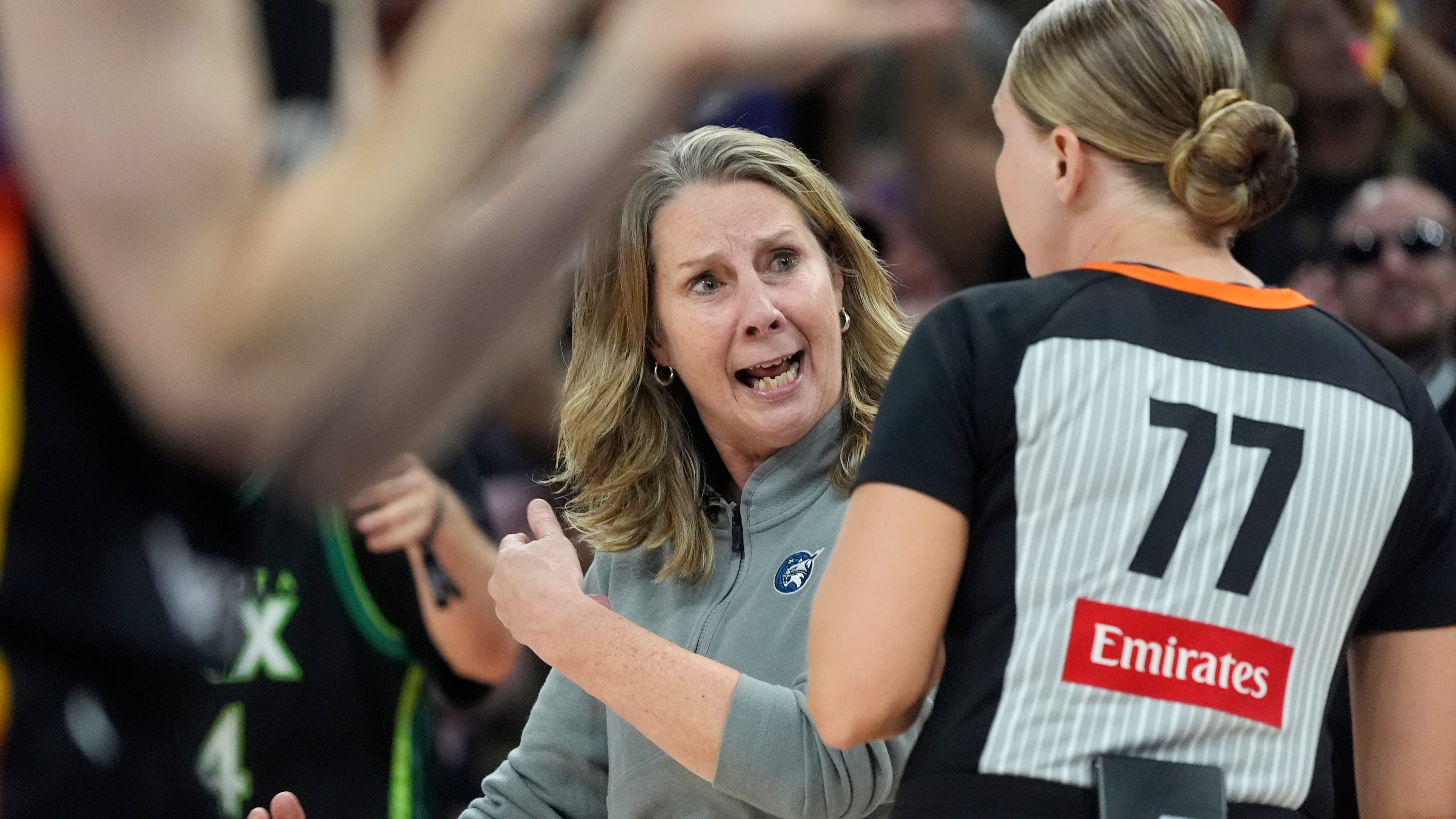 Minnesota Lynx head coach Cheryl Reeve reacts to getting a technical foul by an official during the first half of Game 3 of a WNBA basketball playoff semifinals series game against the Phoenix Mercury Friday, Sept. 26, 2025, in Phoenix. (AP Photo/Ross D. Franklin)