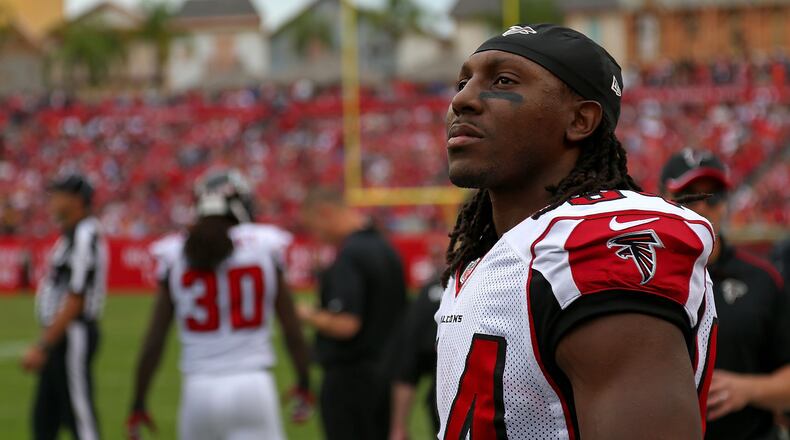TAMPA, FL - NOVEMBER 09: Roddy White #84 of the Atlanta Falcons looks on during a game against the Tampa Bay Buccaneers at Raymond James Stadium on November 9, 2014 in Tampa, Florida. (Photo by Mike Ehrmann/Getty Images)