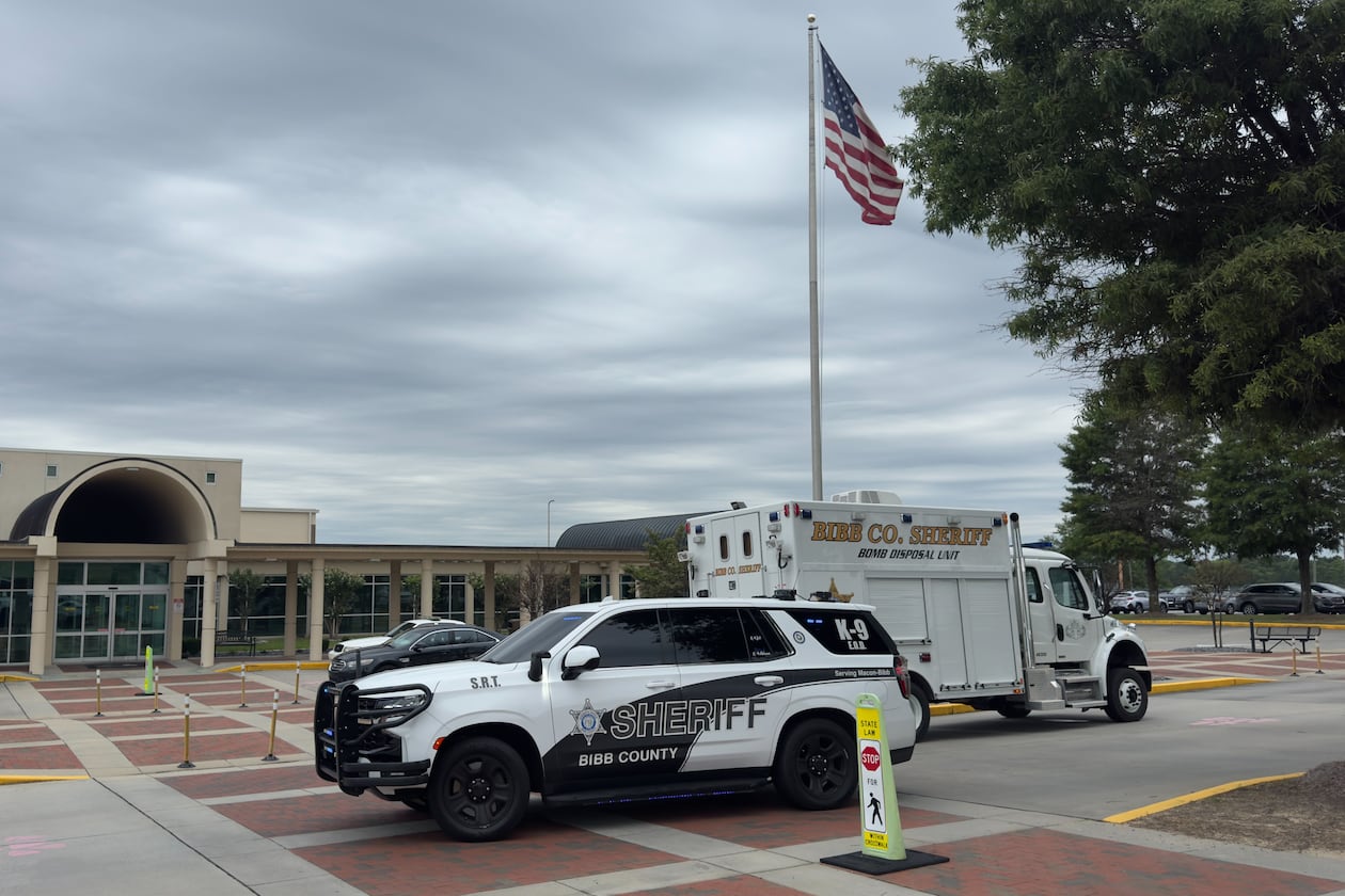 The Bibb County Sheriff's Office bomb squad and deputies respond to Middle Georgia Regional Airport in Macon around 8:20 a.m. and found a suspicious object. Brad Raffensperger was scheduled to speak there at 10 a.m. as part of his governor's campaign tour. (Joe Kovac Jr./AJC)