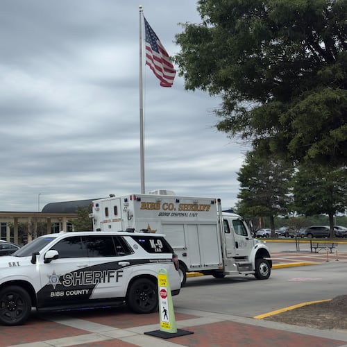 The Bibb County Sheriff's Office bomb squad and deputies respond to Middle Georgia Regional Airport in Macon around 8:20 a.m. and found a suspicious object. Brad Raffensperger was scheduled to speak there at 10 a.m. as part of his governor's campaign tour. (Joe Kovac Jr./AJC)