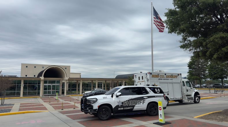 The Bibb County Sheriff's Office bomb squad and deputies respond to Middle Georgia Regional Airport in Macon around 8:20 a.m. and found a suspicious object. Brad Raffensperger was scheduled to speak there at 10 a.m. as part of his governor's campaign tour. (Joe Kovac Jr./AJC)