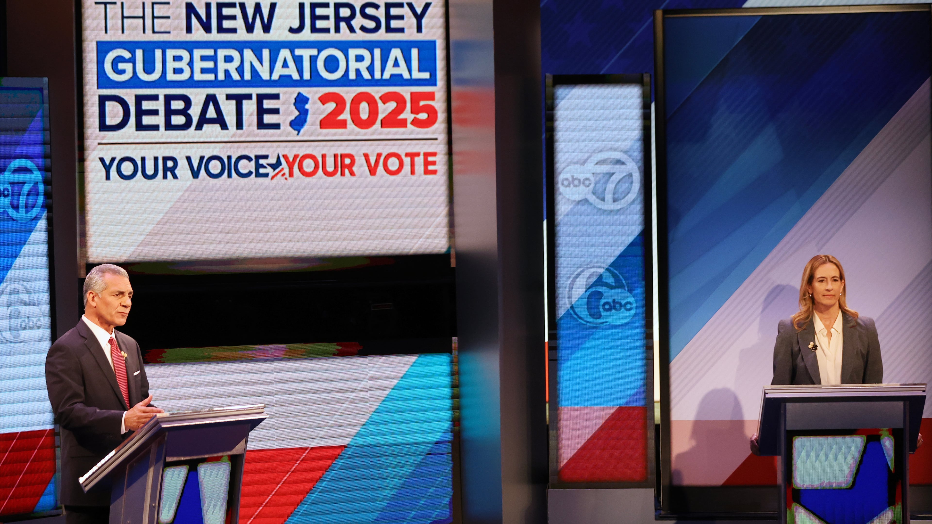 Republican Jack Ciattarelli, left, and Democrat Mikie Sherrill participate in the final debate in the New Jersey governor's race, Wednesday, Oct. 8, 2025, in New Brunswick, N.J. (AP Photo/Heather Khalifa)