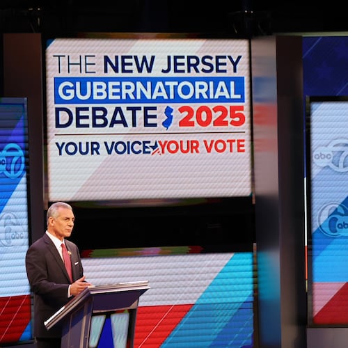 Republican Jack Ciattarelli, left, and Democrat Mikie Sherrill participate in the final debate in the New Jersey governor's race, Wednesday, Oct. 8, 2025, in New Brunswick, N.J. (AP Photo/Heather Khalifa)