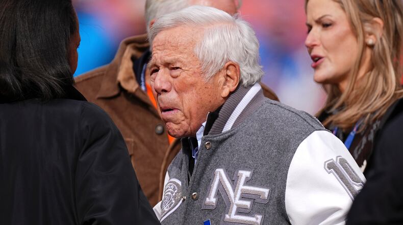 New England Patriots owner Robert Kraft watches warm ups prior to the AFC Championship NFL football game against the Denver Broncos, Sunday, Jan. 25, 2026, in Denver. (AP Photo/David Zalubowski)