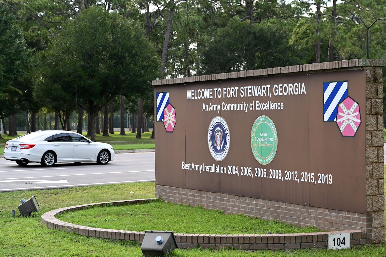 The main gate of Fort Stewart in Hinesville, Georgia where a soldier shot and injured four soldiers and a former service member on Aug. 6, 2025. (Hyosub Shin/AJC)