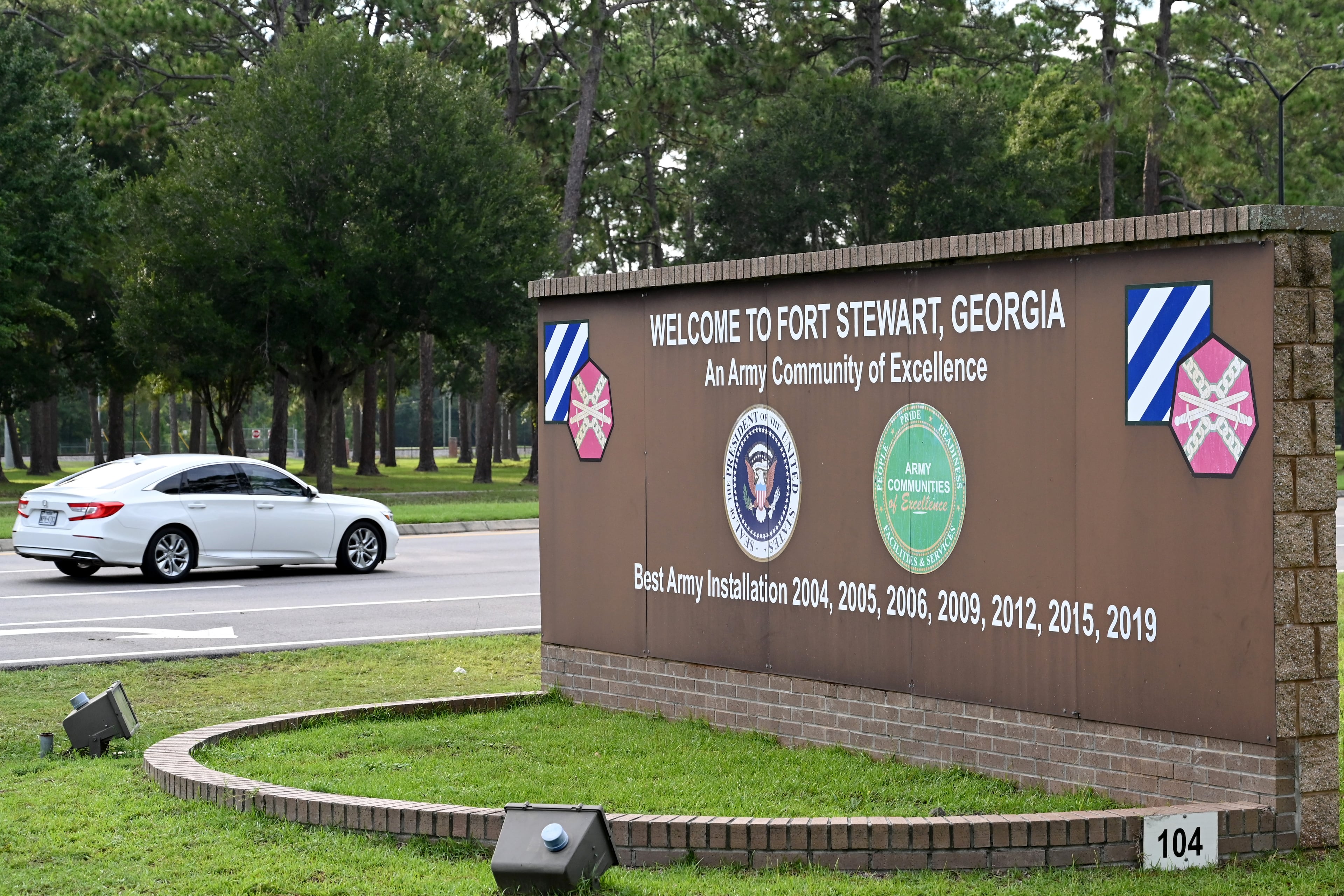 The main gate of Fort Stewart in Hinesville, Georgia where a soldier shot and injured four soldiers and a former service member on Aug. 6, 2025. (Hyosub Shin/AJC)