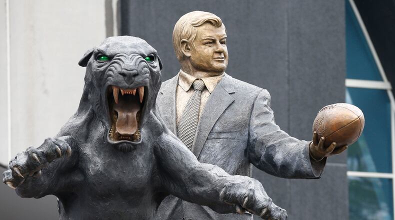 Statue of owner Jerry Richardson next to the Panther on display during FanFest at Bank of America Stadium.