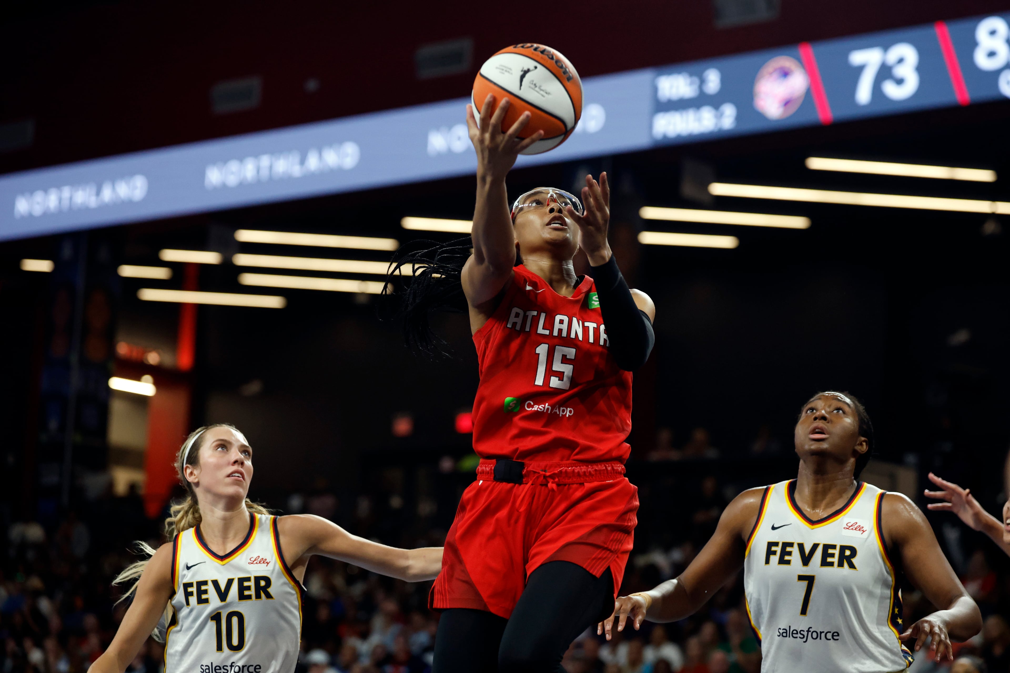 Atlanta Dream guard Allisha Gray (15) goes up to shoot against the Indiana Fever during the second half of Game 3 in the first round of the WNBA basketball playoffs, Thursday, Sept. 18, 2025, in Atlanta. (AP Photo/Butch Dill)