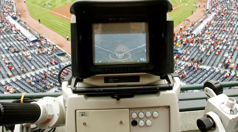Camera aims down at field before a Braves games at Turner Field.