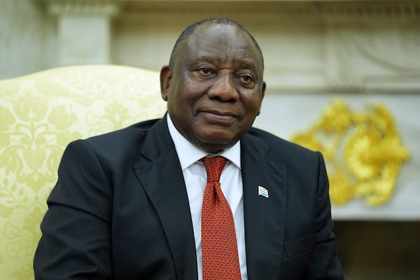 South African President Cyril Ramaphosa listens as he meets with President Donald Trump in the Oval Office of the White House, Wednesday, May 21, 2025, in Washington. (AP Photo/Evan Vucci)